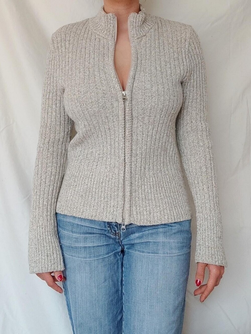 Melina Off White Ribbed Double Sided Zip up Sweater
